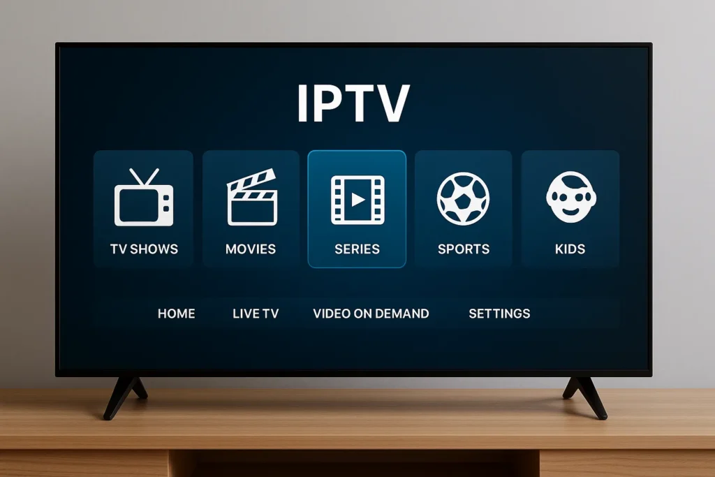 Interface IPTV affichée sur un écran connecté avec section sportive, représentant la flexibilité du code iptv sport.