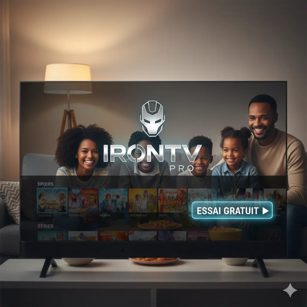 Famille heureuse regardant la télévision avec le logo Iron TV Pro affiché à l'écran, symbolisant une expérience de divertissement de qualité supérieure pour l'abonnement Iron TV Pro prix.